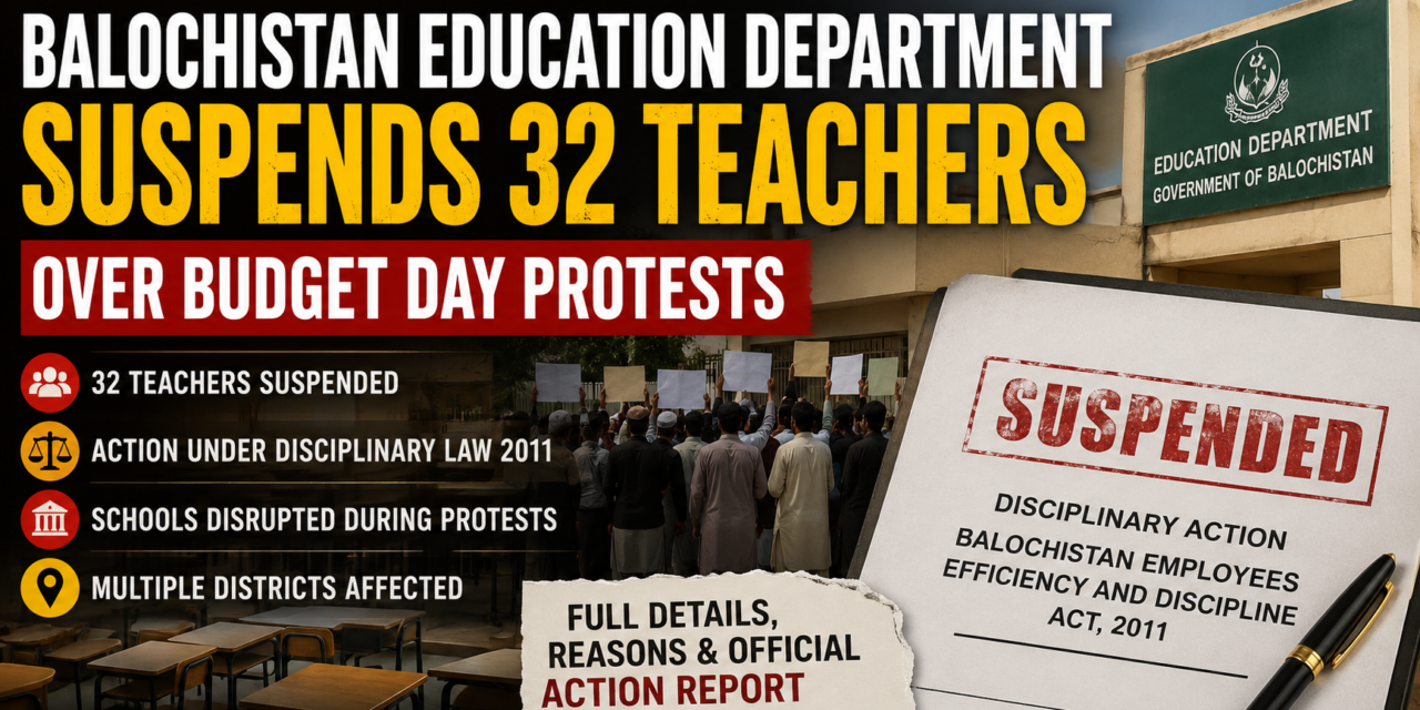 Balochistan Teachers Suspended: Balochistan Education Department Suspends 32 Teachers Over Budget Day Protests – Full Investigation, Causes, and Official Action Report