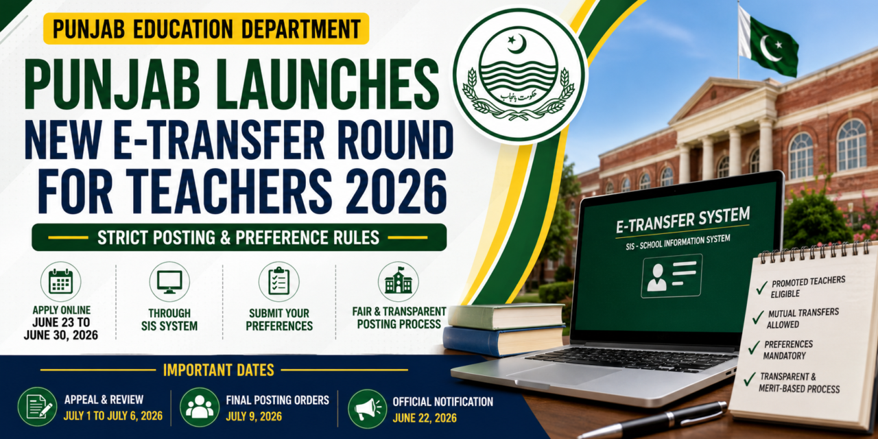 Punjab Teachers E-Transfer 2026: Punjab Launches New E-Transfer Round for Teachers with Strict Posting and Preference Rules 2026