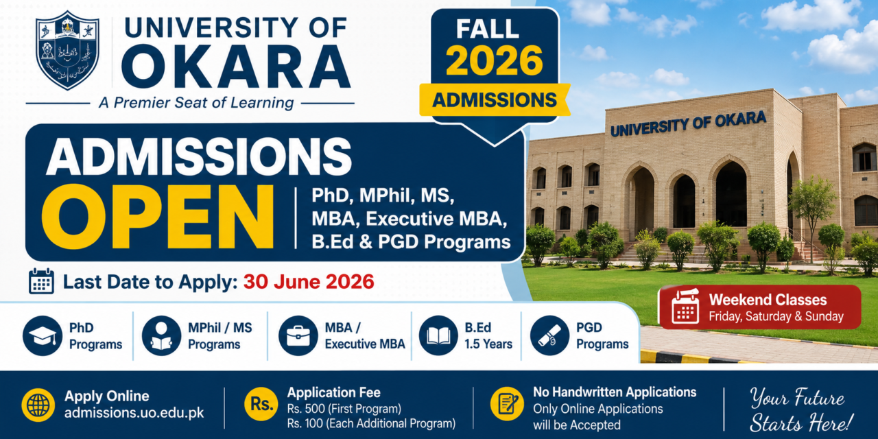 University of Okara Fall 2026 Admissions for PhD, MPhil, MBA & Weekend Programs